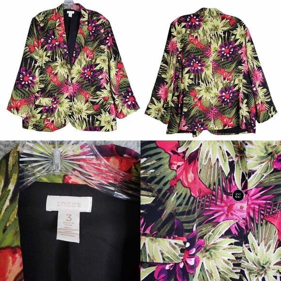 Chicos Blazer Jacket Womens Size 3 US XL Black Tropical Resort Supper Club Flaw - Picture 1 of 8